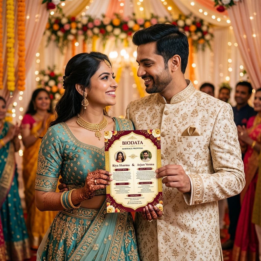Indian couple holding biodata